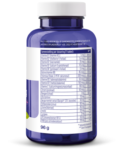 Achterzijde van Vitakruid Multi Dag Vrouw vijftig plus met volledige samenstelling van de dagtablet