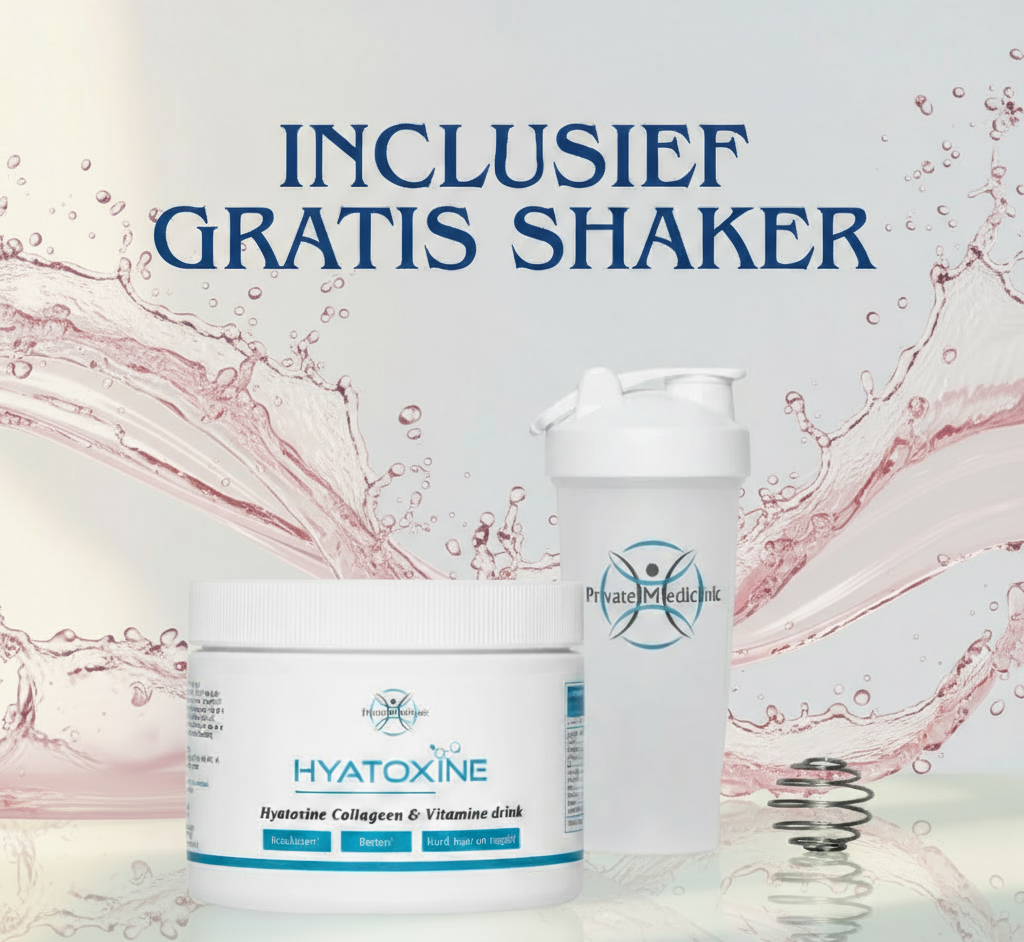 Hyatoxine Collageen & Vitamine Drink Shaker Private Mediclinic blauw wit Gratis Shaker Eindhoven. actie