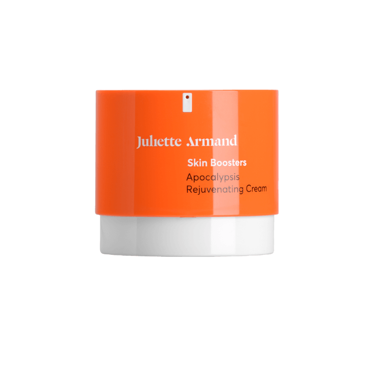 Pot oranje Juliette Armand Skin Boosters Apocalypsis Rejuvenating Cream 50ml witte letters zwarte letters