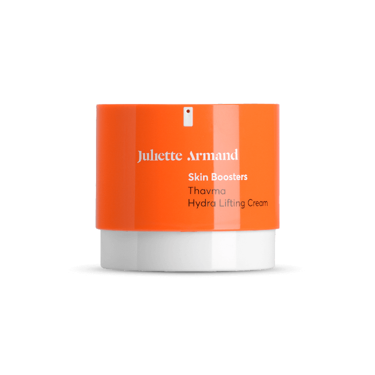 Oranje pot Juliette Armand Skin Boosters Thavma_Hydra_Lifting_Cream_50ml witte en zwarte letters