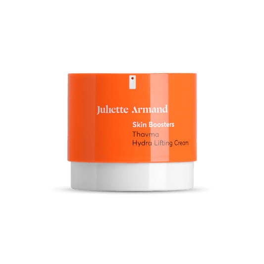 Oranje pot Juliette Armand Skin Boosters Thavma_Hydra_Lifting_Cream_50ml witte en zwarte letters