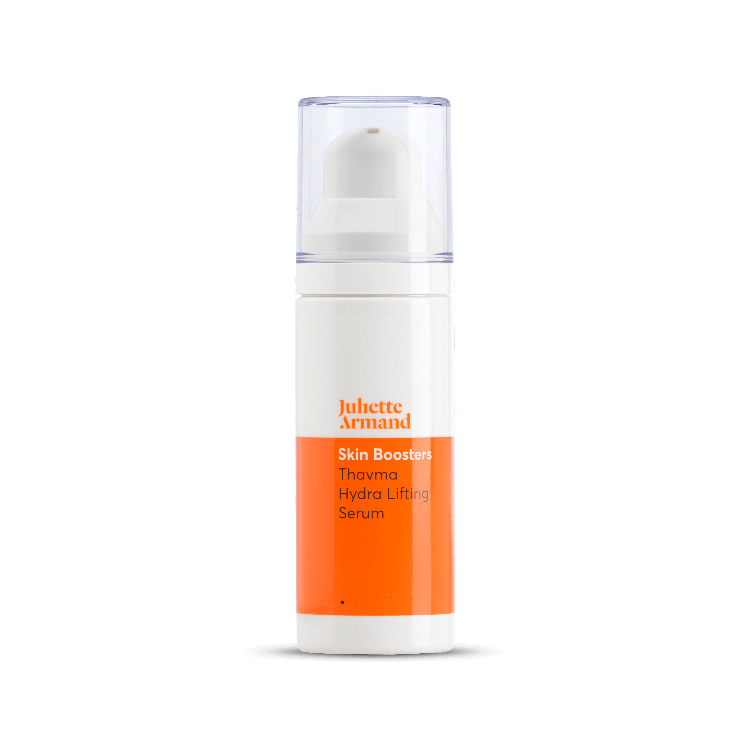 witte fles oranje etiket transparante dop Juliette Armand Skin Boosters Thavma Hydra Lifting Serum 30ml oranje witte en zwarte letters