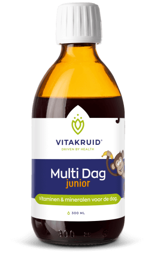Multi Dag Junior flesje met honing-banaan smaak en B-vitaminen