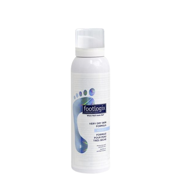 Footlogix Very Dry Skin Formula 125 ml, een intensieve verzorging voor een zeer droge huid op de voeten die snel eelt of ruwe plekken vormt. Op de foto de witte fles met transparante dop. Puur Diana Shop Nuenen