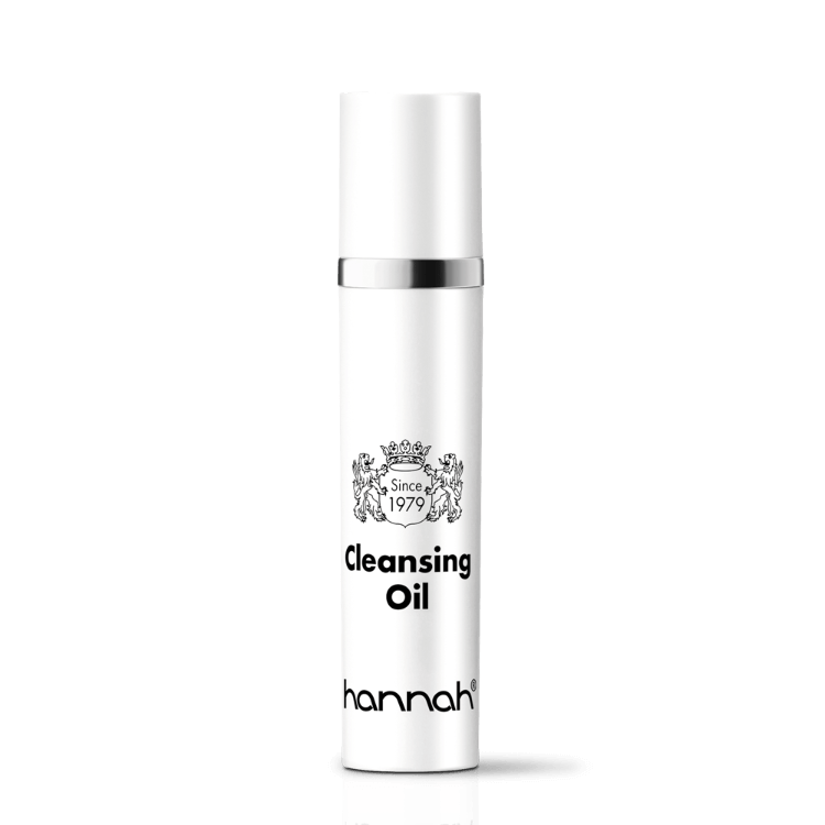 hannah Cleansing Oil 45ml kleine witte fles transparante dop zilver rand zwarte letters
