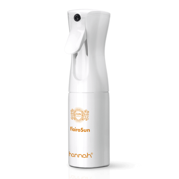 hannah FlairoSun SPF30 150ml Flairosol schuine aanzicht witte fles oranje letters