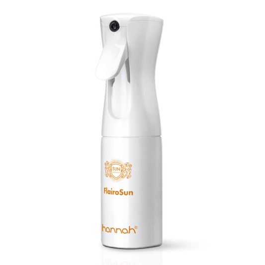 hannah FlairoSun SPF30 150ml Flairosol schuine aanzicht witte fles oranje letters