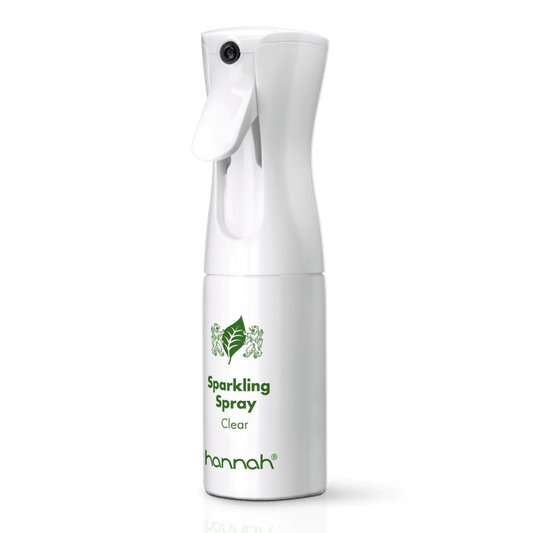 hannah Sparkling Spray “Flairosol” 150ml schuin witte spray fles transparante dop zilver rand groene letters