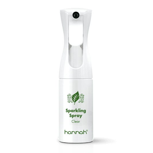 hannah Sparkling Spray “Flairosol” 150ml vooraanzicht witte fles transparante dop zilver rand groene letters