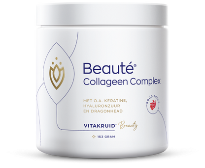 Witte pot Vitakruid Beauté Collageen Complex met blauw logo en rood fruit icoon