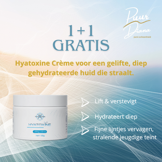 Gratis Hyatoxine Private Mediclinic 1+1 witte pot blauwe letters gouden letters korting collageen Grove poriën · Slappe huid · Fijne lijntjes · Zonnevlekken · Doffe of droge huid · Huidveroudering Eindhoven.,