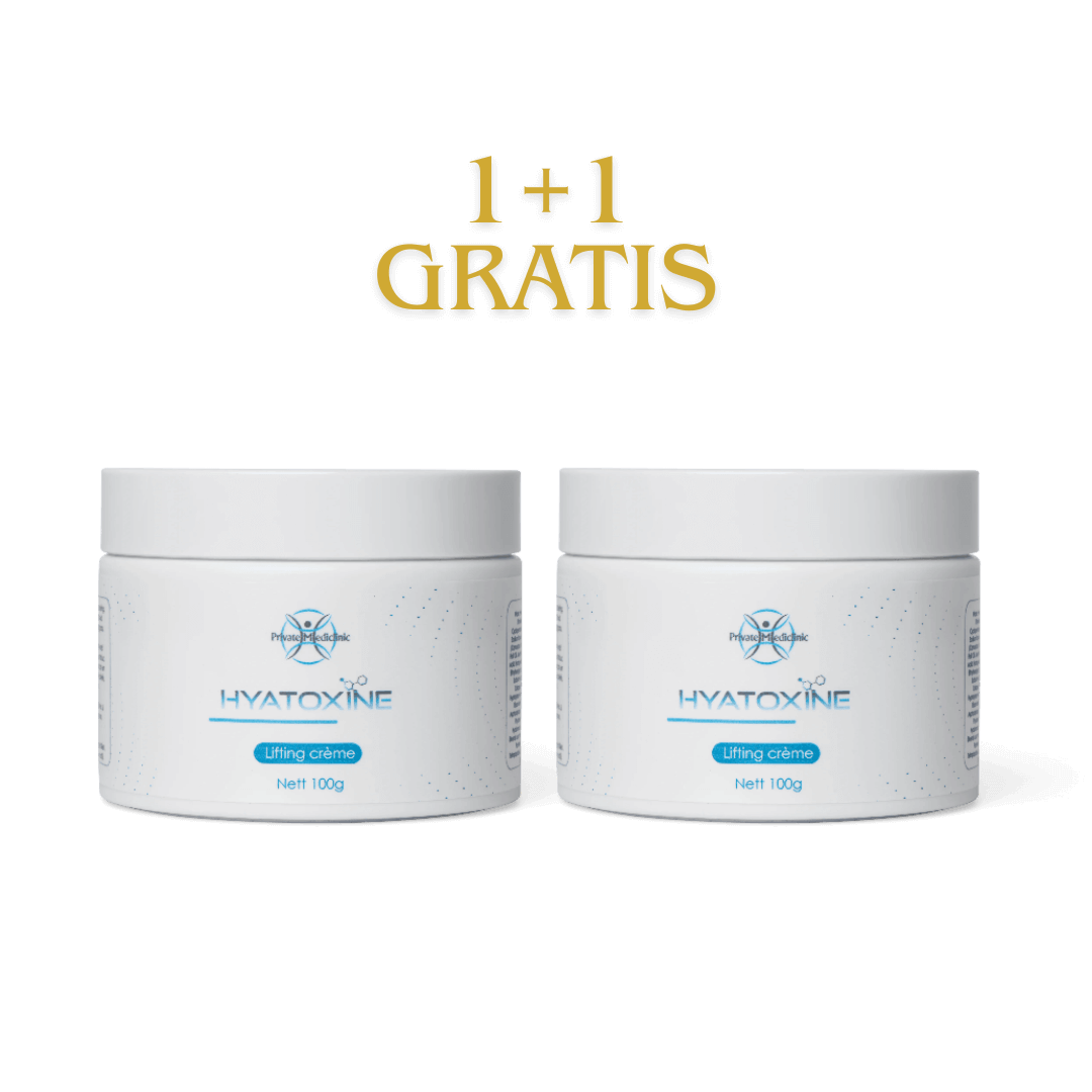 Gratis Hyatoxine Private Mediclinic 1+1 witte pot blauwe letters gouden letters korting collageen Grove poriën · Slappe huid · Fijne lijntjes · Zonnevlekken · Doffe of droge huid · Huidveroudering Eindhoven.