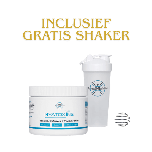 Hyatoxine Collageen & Vitamine Drink Shaker Private Mediclinic blauw wit Gratis Shaker Eindhoven.