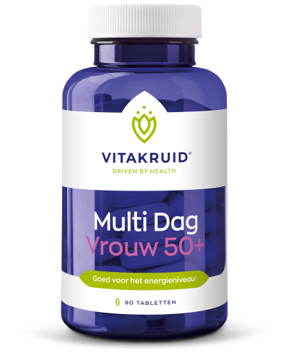 Blauw Vitakruid potje Multi Dag Vrouw vijftig plus met wit etiket en groene balk goed voor het energieniveau