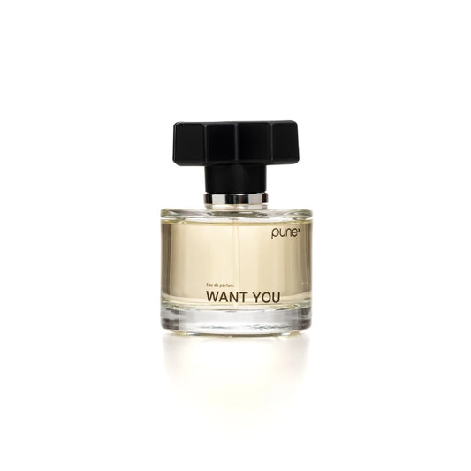 PUNE WANT YOU Parfum 50 ml, chypre-bloemige geur met roos en amber, glazen flacon met gouden dop, Puur Diana Shop Nuenen