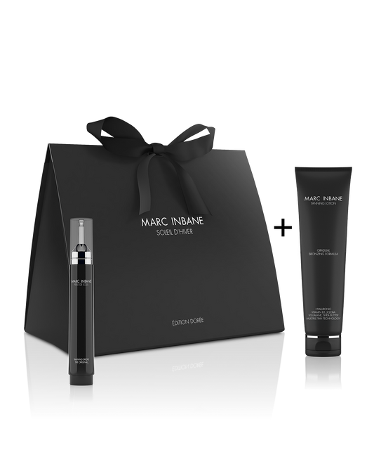 Marc Inbane Soleil d’Hiver giftset met Perle de Soleil tanning drops en gratis Gradual Bronzing Formula, luxe zwarte verpakking met strik