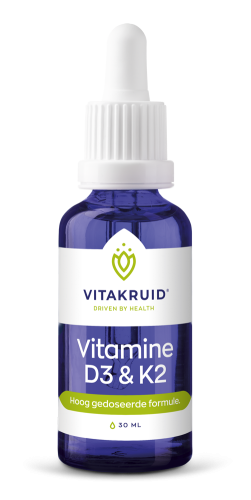 Blauw flesje Vitakruid Vitamine D drie en K twee tien milliliter met witte pipet en groen label