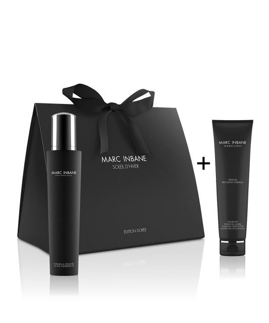 Marc Inbane Soleil d’Hiver giftset met Natural Tanning Mousse en gratis Gradual Bronzing Formula, luxe zwarte verpakking met strik