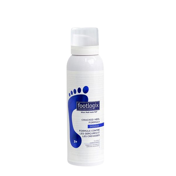 Footlogix Cracked Heel Formula 125 ml, een verzorgende formule voor gebarsten hielen die snel weer strak en zacht moeten aanvoelen. Op de foto de witte fles met blauwe voetafbeelding. Puur Diana Shop Nuenen
