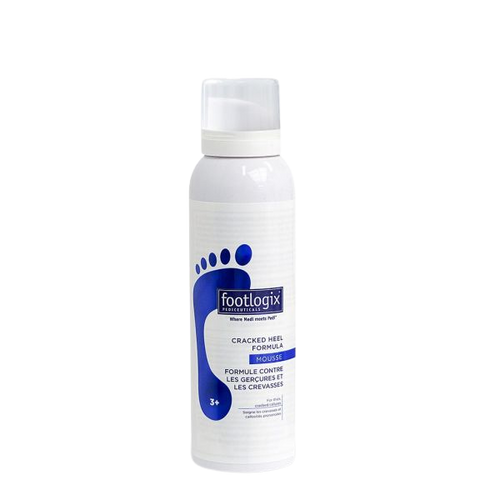 Footlogix Cracked Heel Formula 125 ml, een verzorgende formule voor gebarsten hielen die snel weer strak en zacht moeten aanvoelen. Op de foto de witte fles met blauwe voetafbeelding. Puur Diana Shop Nuenen