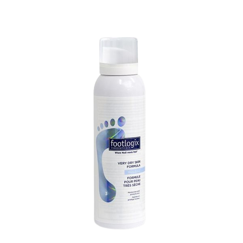 Footlogix Very Dry Skin Formula 125 ml, een intensieve verzorging voor een zeer droge huid op de voeten die snel eelt of ruwe plekken vormt. Op de foto de witte fles met transparante dop. Puur Diana Shop Nuenen