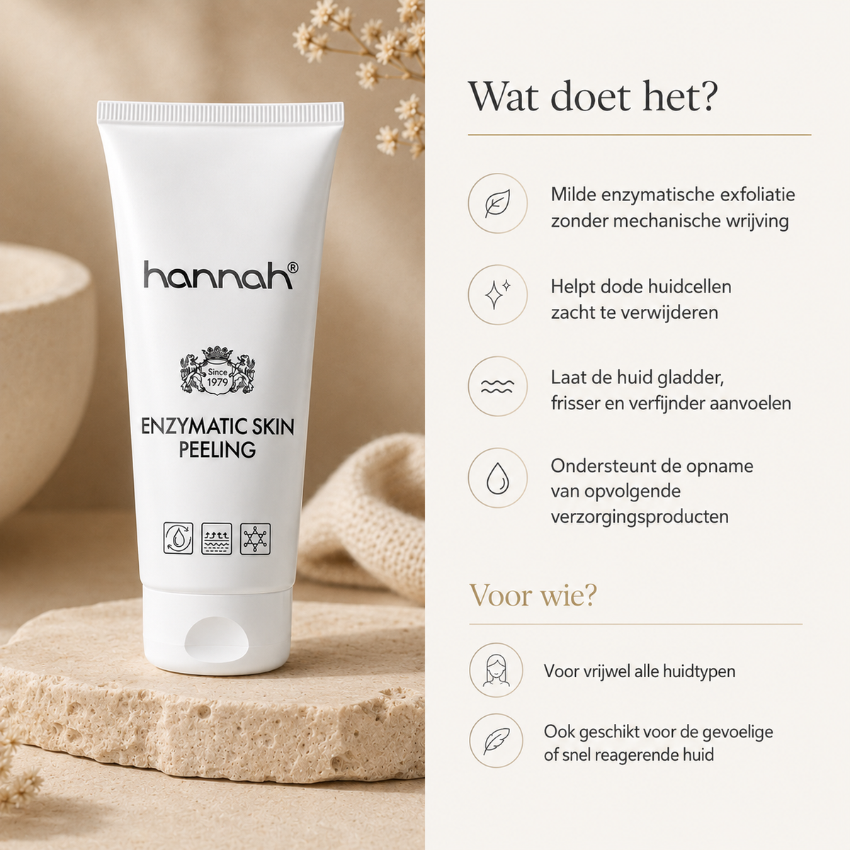 hannah Enzymatic Skin Peeling 150 ml met uitleg over de milde enzymatische werking en geschiktheid voor vrijwel alle huidtypen
