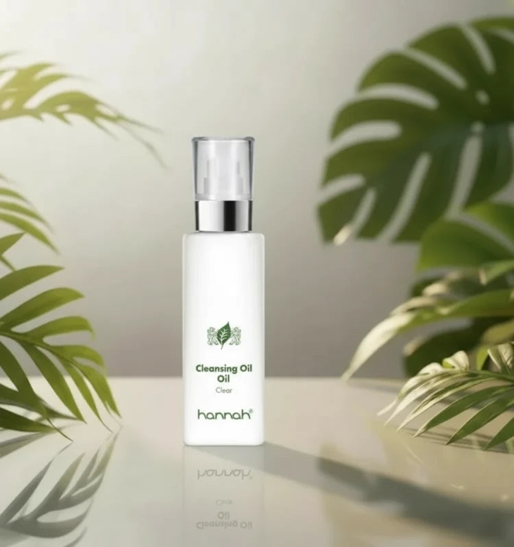 hannah Cleansing Oil 45ml kleine witte fles transparante dop zilver rand zwarte  letters ..