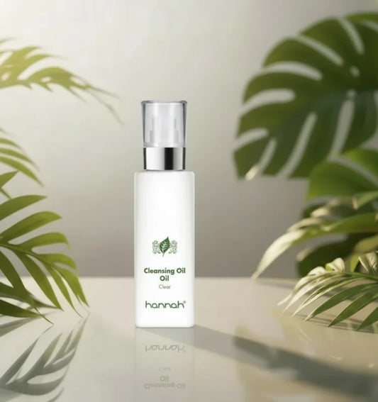 hannah Cleansing Oil 45ml kleine witte fles transparante dop zilver rand zwarte  letters ..