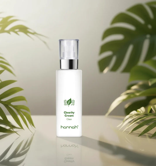 hannah Clearity Cream 125ml witte fles transparante dop zilver rand groen ..