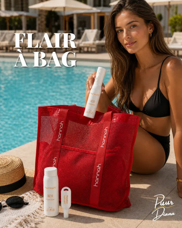hannah Flairosun SPF 30 set met spray, navulling en travel size in rode Flair à Bag bij Puur Diana