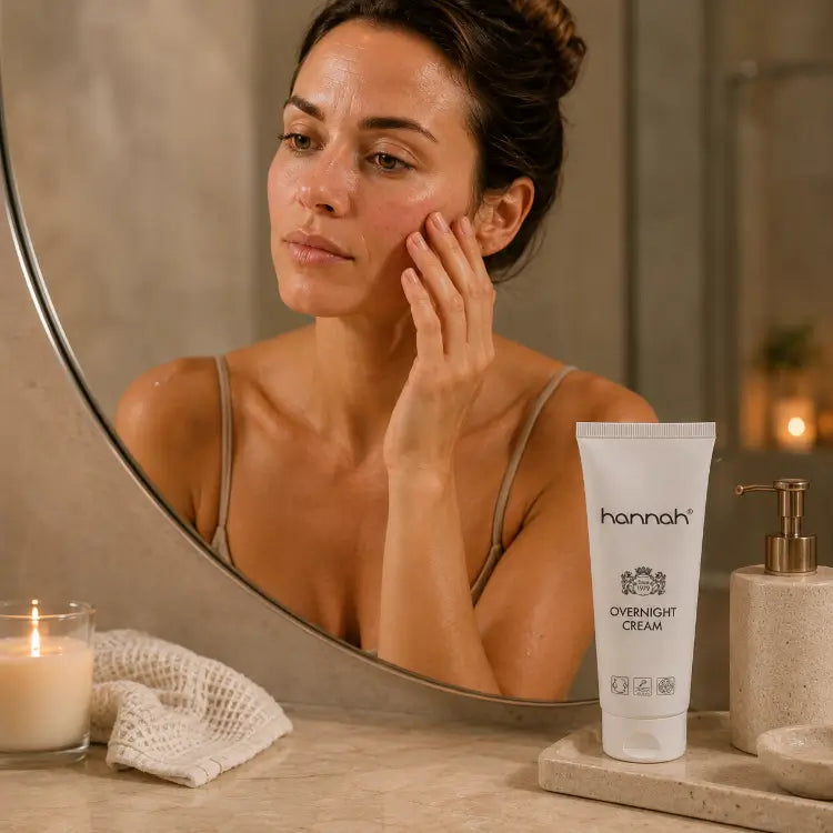Vrouw brengt hannah Overnight Cream aan tijdens haar avondroutine