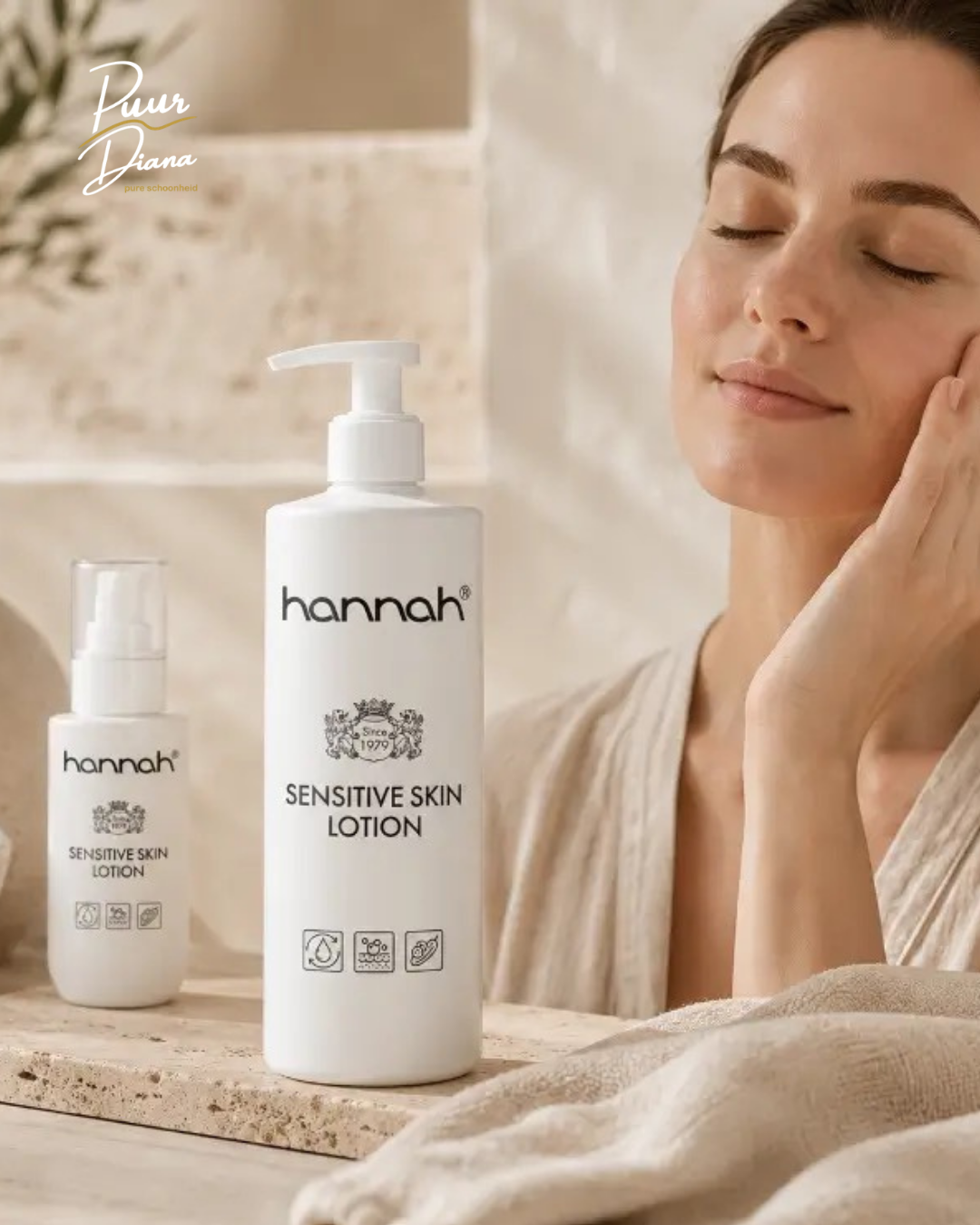 hannah Sensitive Skin Lotion 500 ml in rustige sfeer voor het verzachten en kalmeren van de gevoelige huid