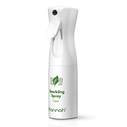 hannah Sparkling Spray “Flairosol” 150ml schuin witte spray fles transparante dop zilver rand groene letters 