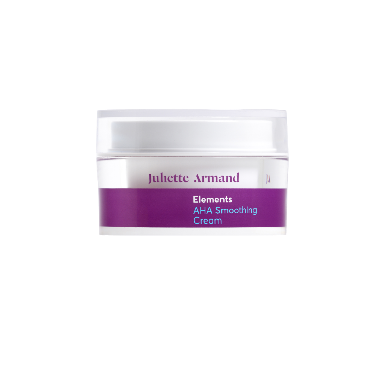 Juliette Armand AHA Smoothing Cream 50 ml, een exfoliërende crème met AHA-zuren voor een huid met een oneffen textuur en verminderde glans. Verfijnt het huidbeeld en ondersteunt een gladdere uitstraling bij regelmatig gebruik. Op de foto de pot met paars etiket. Puur Diana Shop Nuenen