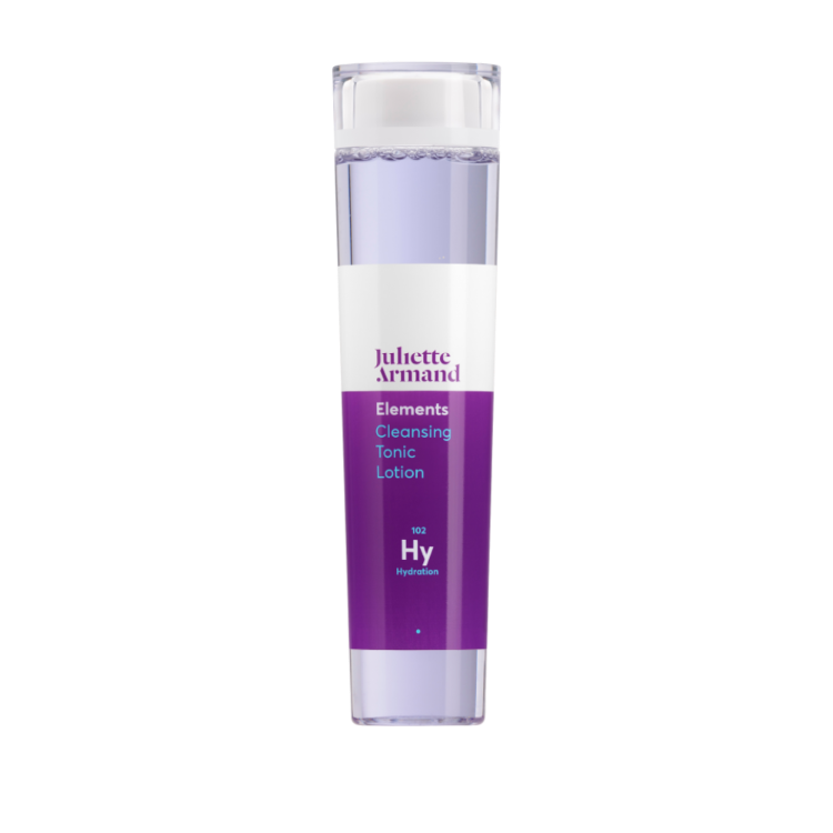 Juliette Armand Cleansing Tonic Lotion 210 ml, een verfrissende reinigingslotion voor een huid die na het wassen nog restjes vuil of kalkaanslag achterhoudt. Verwijdert laatste sporen van reiniger en bereidt de huid voor op de vervolgverzorging. Op de foto de flacon met paars etiket en transparante dop. Puur Diana Shop Nuenen