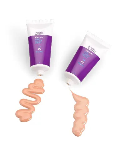 Juliette Armand Color Control Cream Dark Shade 50 ml, textuur uit twee tubes getoond voor een indruk van dekking en huidegaliserend effect. Puur Diana Shop Nuenen