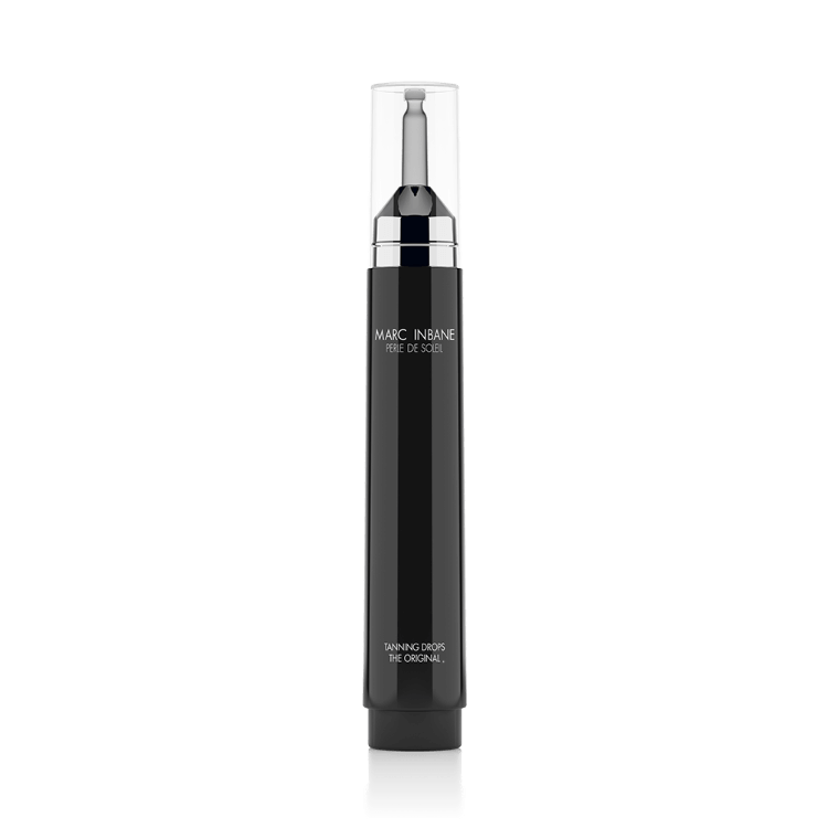 Marc Inbane Perle de Soleil Tanning Drops 15 ml, zelfbruinende druppels om toe te voegen aan de dagcrème voor een geleidelijke, natuurlijke glow. Op de foto het zwarte flesje. Puur Diana Shop Nuenen