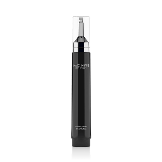 Marc Inbane Perle de Soleil Tanning Drops 15 ml, zelfbruinende druppels om toe te voegen aan de dagcrème voor een geleidelijke, natuurlijke glow. Op de foto het zwarte flesje. Puur Diana Shop Nuenen