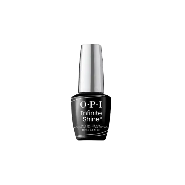 O.P.I Infinite Base Coat, een beschermende basislaag voor een langere houdbaarheid van de nagellak. Op de foto het zwarte flesje met zilveren dop. Puur Diana Shop Nuenen