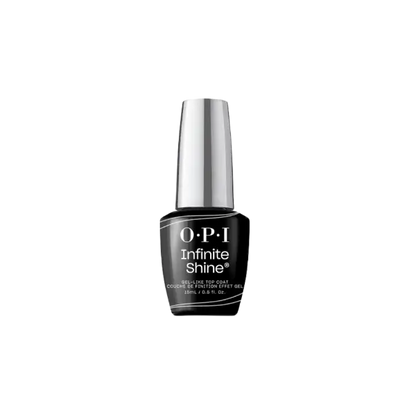 O.P.I Infinite Base Coat, een beschermende basislaag voor een langere houdbaarheid van de nagellak. Op de foto het zwarte flesje met zilveren dop. Puur Diana Shop Nuenen