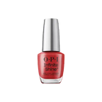 O.P.I Infinite Shine Big Apple Red, een langhoudende nagellak in een krachtige rode tint met een glanzende finish. Op de foto het rode flesje met zilveren dop. Puur Diana Shop Nuenen