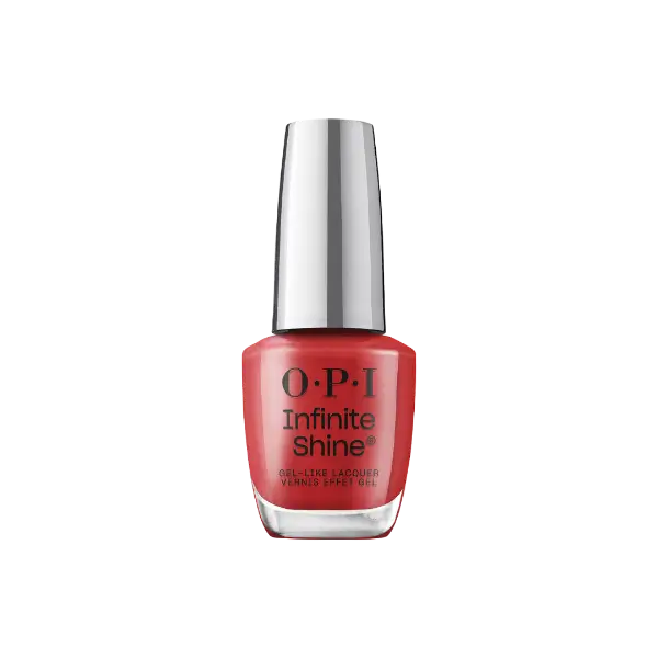 O.P.I Infinite Shine Big Apple Red, een langhoudende nagellak in een krachtige rode tint met een glanzende finish. Op de foto het rode flesje met zilveren dop. Puur Diana Shop Nuenen