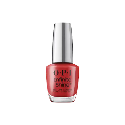 O.P.I Infinite Shine Big Apple Red, een langhoudende nagellak in een krachtige rode tint met een glanzende finish. Op de foto het rode flesje met zilveren dop. Puur Diana Shop Nuenen