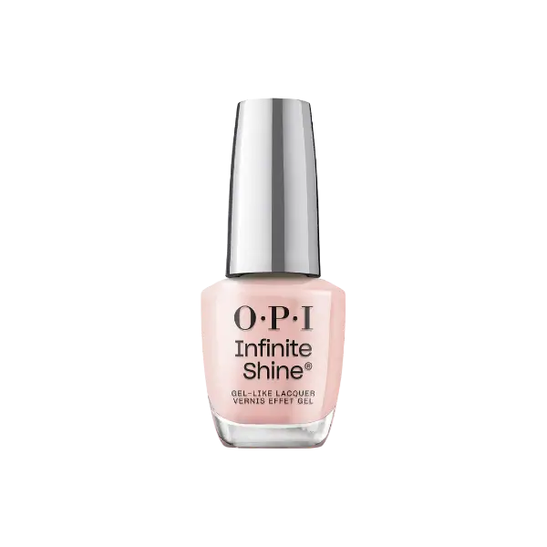 O.P.I Infinite Shine Bubble Bath, een langhoudende nagellak in een zachte roze tint met een glanzende finish. Op de foto het roze flesje met zilveren dop. Puur Diana Shop Nuenen