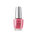 O.P.I Infinite Shine Strawberry Margarita, een langhoudende nagellak in een frisse rozerode tint. Op de foto het flesje met zilveren dop. Puur Diana Shop Nuenen