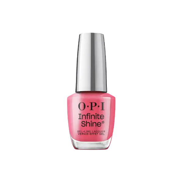 O.P.I Infinite Shine Strawberry Margarita, een langhoudende nagellak in een frisse rozerode tint. Op de foto het flesje met zilveren dop. Puur Diana Shop Nuenen
