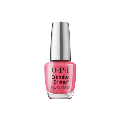 O.P.I Infinite Shine Strawberry Margarita, een langhoudende nagellak in een frisse rozerode tint. Op de foto het flesje met zilveren dop. Puur Diana Shop Nuenen