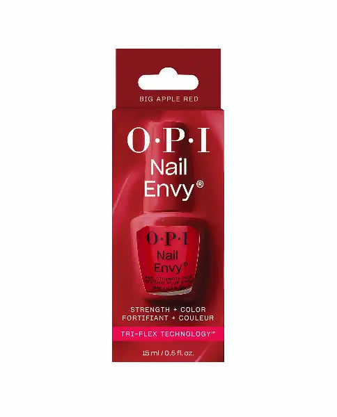 O.P.I. Nail Envy Big Apple Red, hand met de verpakking van de verstevigende rode nagellak. Puur Diana Shop Nuenen