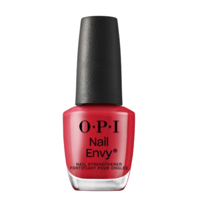 O.P.I. Nail Envy Big Apple Red, verstevigende nagellak in een krachtige rode tint voor broze nagels die kleur en kracht combineert. Op de foto het flesje met zwarte dop. Puur Diana Shop Nuenen