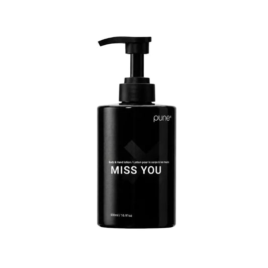 PUNE MISS YOU Body & Hand Lotion 500 ml, rijke lotion met sheaboter en hyaluronzuur, zwarte pompfles detail, Puur Diana Shop Nuenen